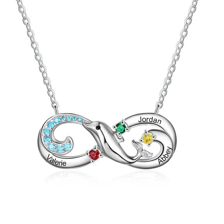 Gravur 3 Namen Infinity Delphin Halskette mit 3 Geburtssteinen