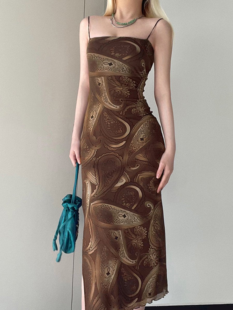 Vintage Print Backless Strap Slip Midi Dress