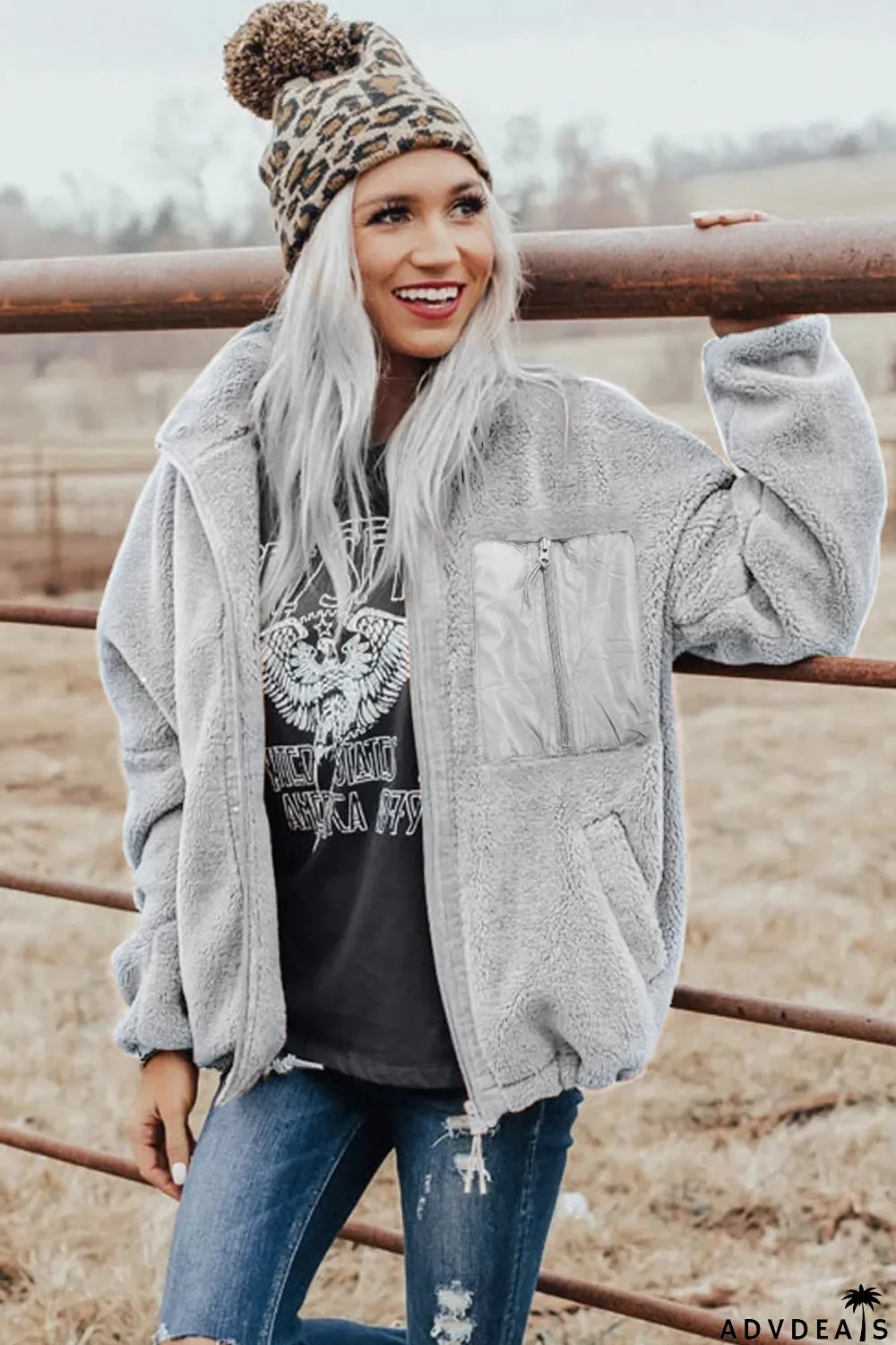 Zip Up Sherpa Coat With Pocket