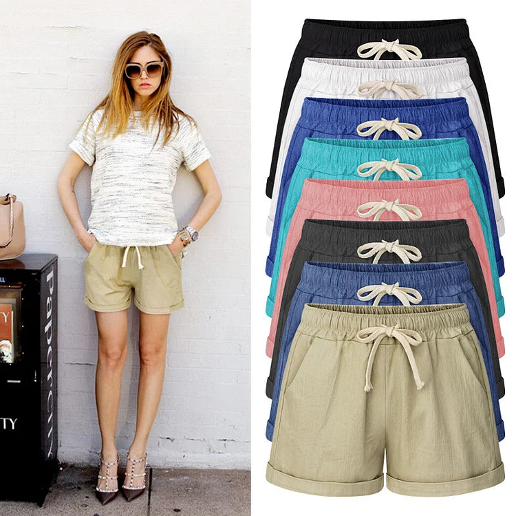 Ladies Plus Size Casual Comfortable Cotton Linen Shorts
