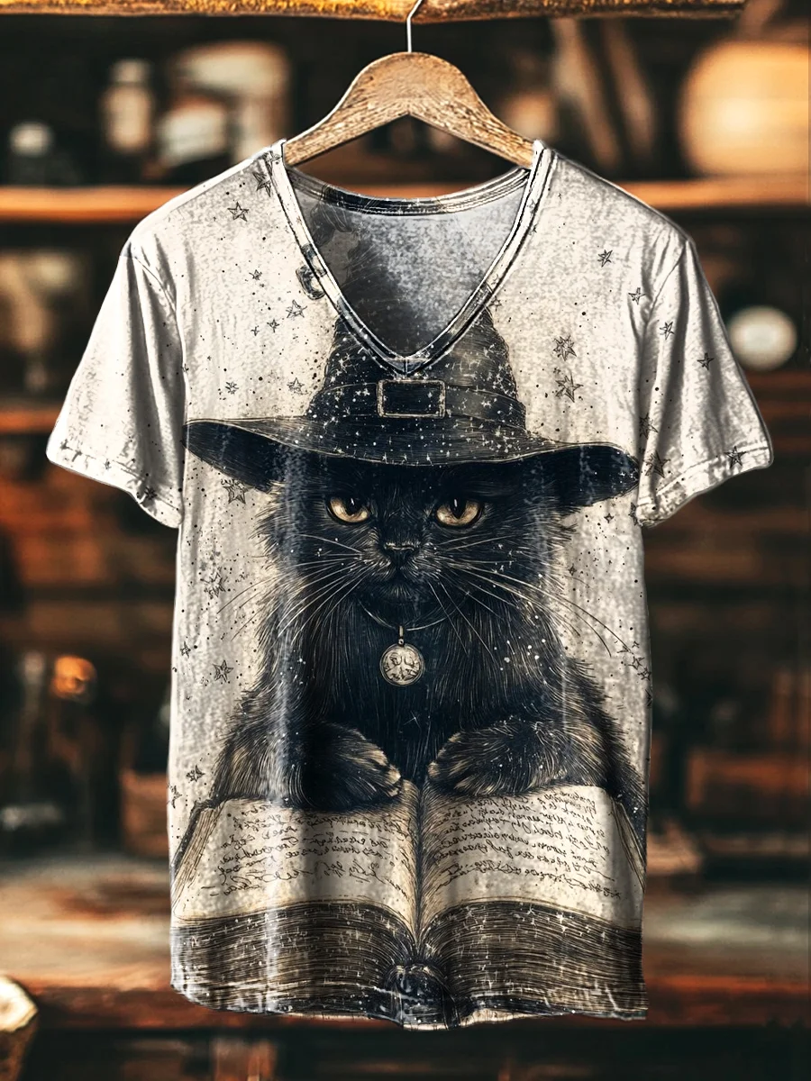 Retro Fun Magic Black Cat Print Casual V-Neck T-Shirt