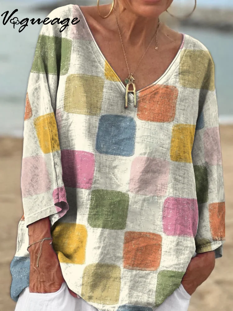 Casual Color Square Blocks 3/4 Sleeves Printed Cotton And Linen Shirt