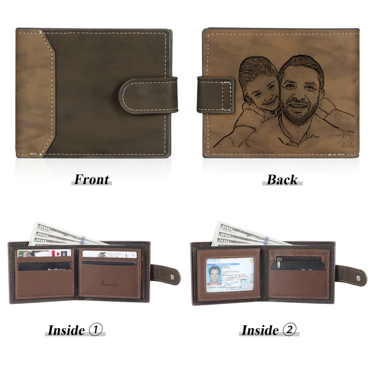 Personalized Leather Wallet Engraved Photo Short Purse Folding Wallet Gifts For Men