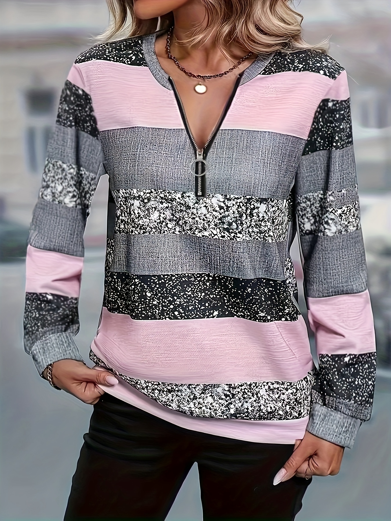 Women's Casual Striped Sweater With Zipper Detail, Crew Neck Pullover, Suitable For Spring, Summer, And Autumn | IFYHOME