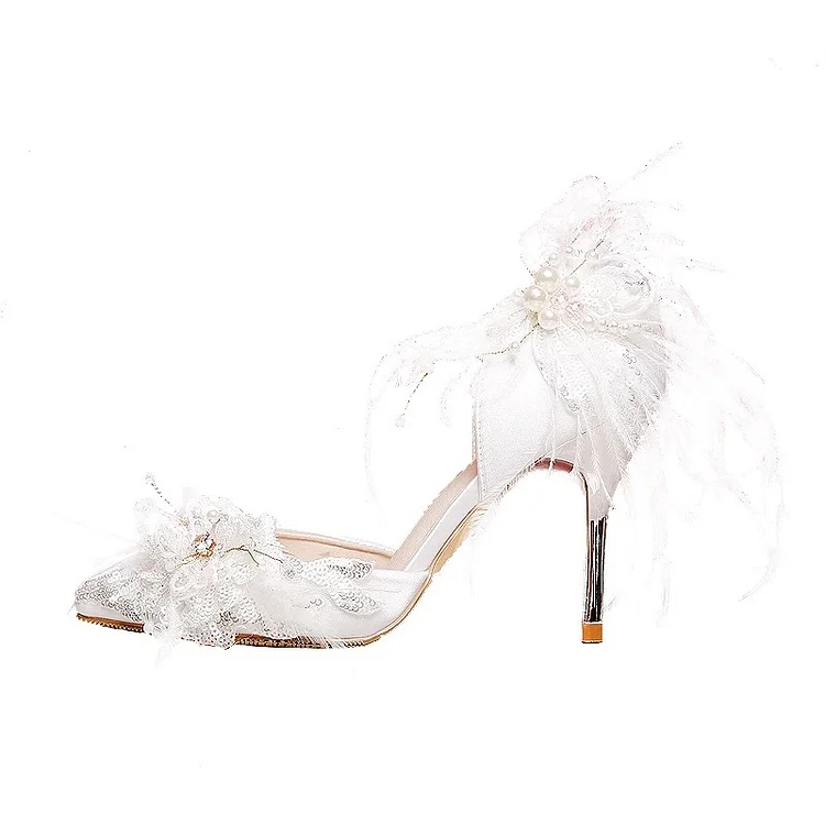White Sequined Jeweled Bridal Heels Stiletto Heel Wedding Pumps |FSJ Shoes