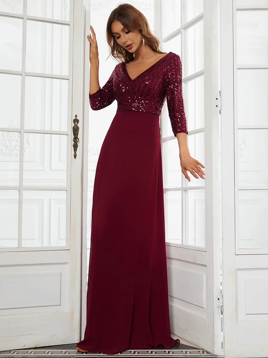 Sexy V Neck A-Line Sequin Wholesale Evening Dresses With 3/4 Sleeve