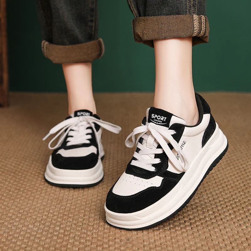 Yyvonne Time 99] Head Layer Kraft Casual Board Shoes Women With Thick Soles To Increase Black And White Panda Single Shoes