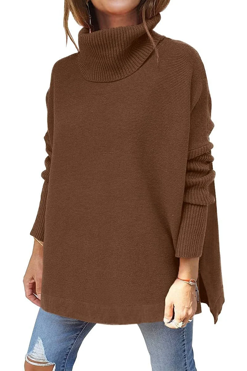 Autumn Winter Women Knitted Long Sweater Loose Oversized Turtleneck Batwing Sleeve Tunic Pullover Tops Jumpers