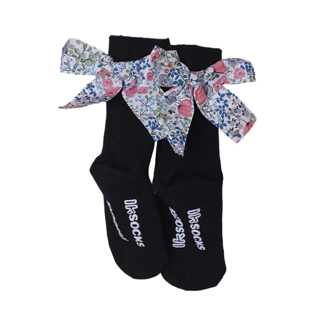 Infant Girls Cute Ribbed Socks Letter Printing Floral Bow Decoration Knitted Warm Non-Slip Breathable Socks 0-5Years