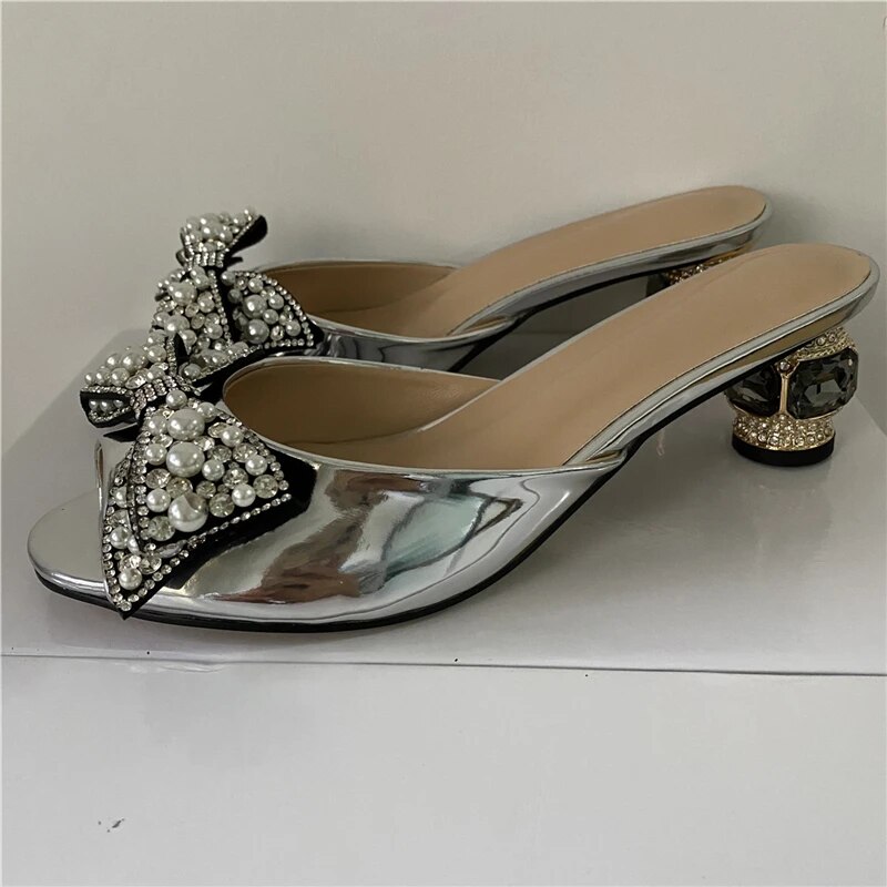VCSHOES Pearl Beads Crystal Butterfly-Knot Women Sandals Diamond Heel Patent Leather Slingbacks Shoes For Girls