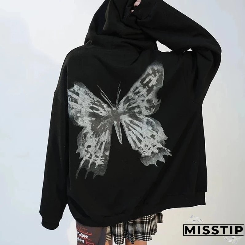 Y2K Butterfly Print Hoodies Women Gothic Grunge Long Sleeve Oversize Zip Hoodie Jacket