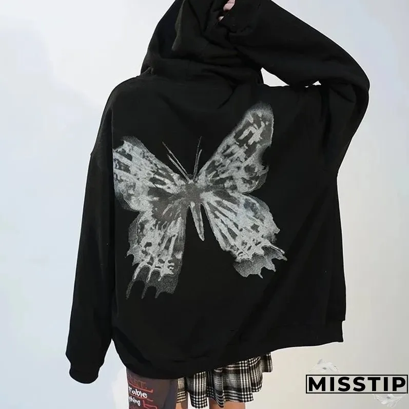 Y2K Butterfly Print Hoodies Women Gothic Grunge Long Sleeve Oversize Zip Hoodie Jacket