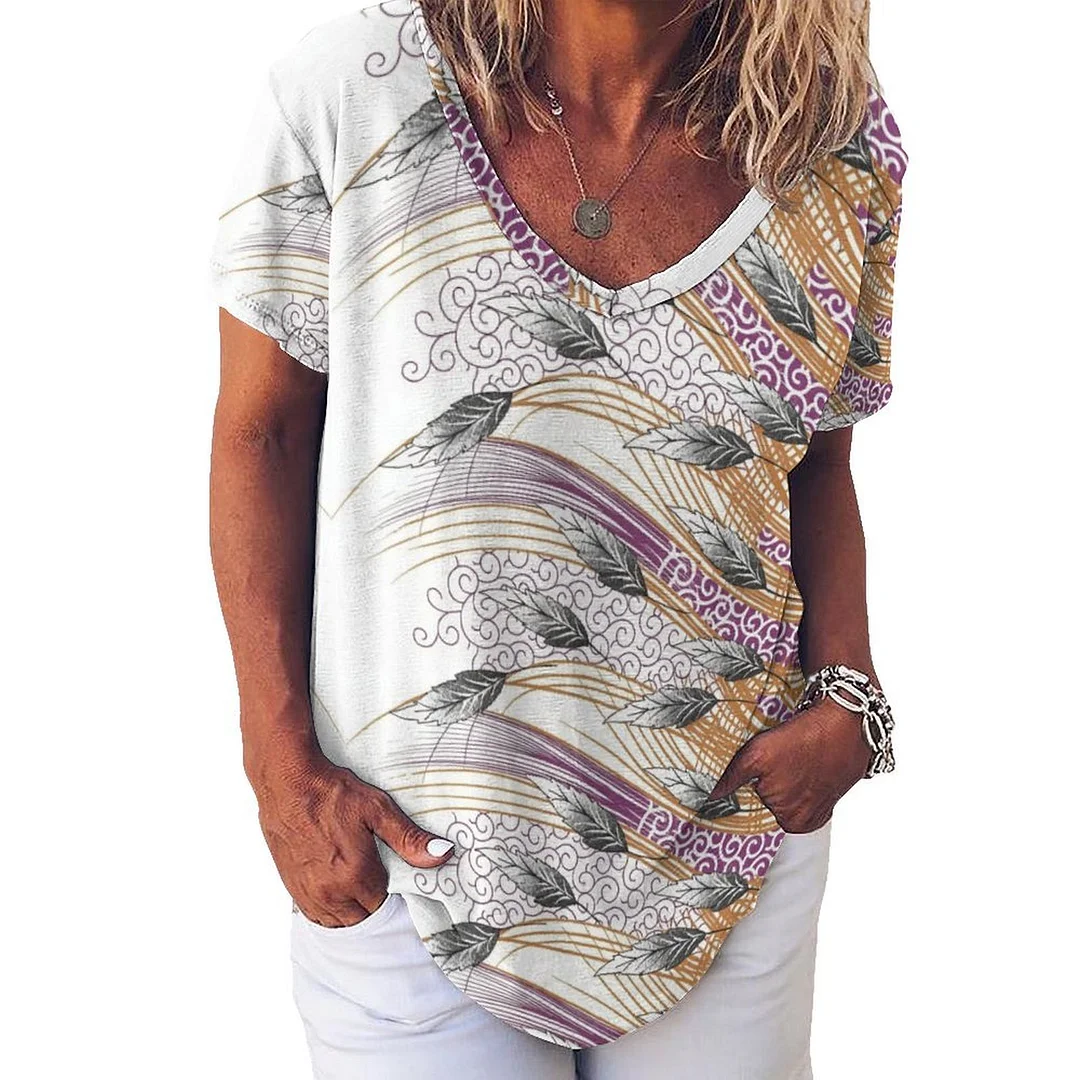 V-neck Short Sleeve Casual T-shirt for  Women Printed with Pattern Geometry, Ray, Apricot