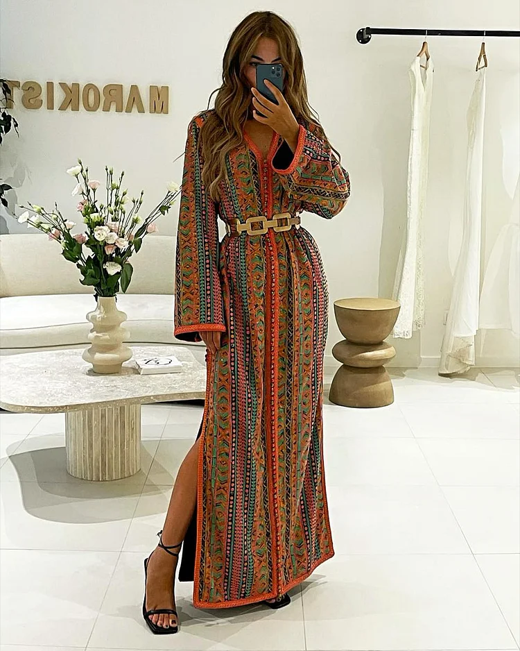 Women's V-neck long-sleeved embroidered Moroccan Dress