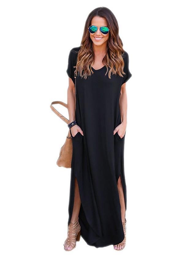 Women's Maxi Black Loose Dress - Short Sleeve Solid Colored Street chic Daily Weekend Slim Wine Black Blue Gray S M L XL / Cotton - VSMEE