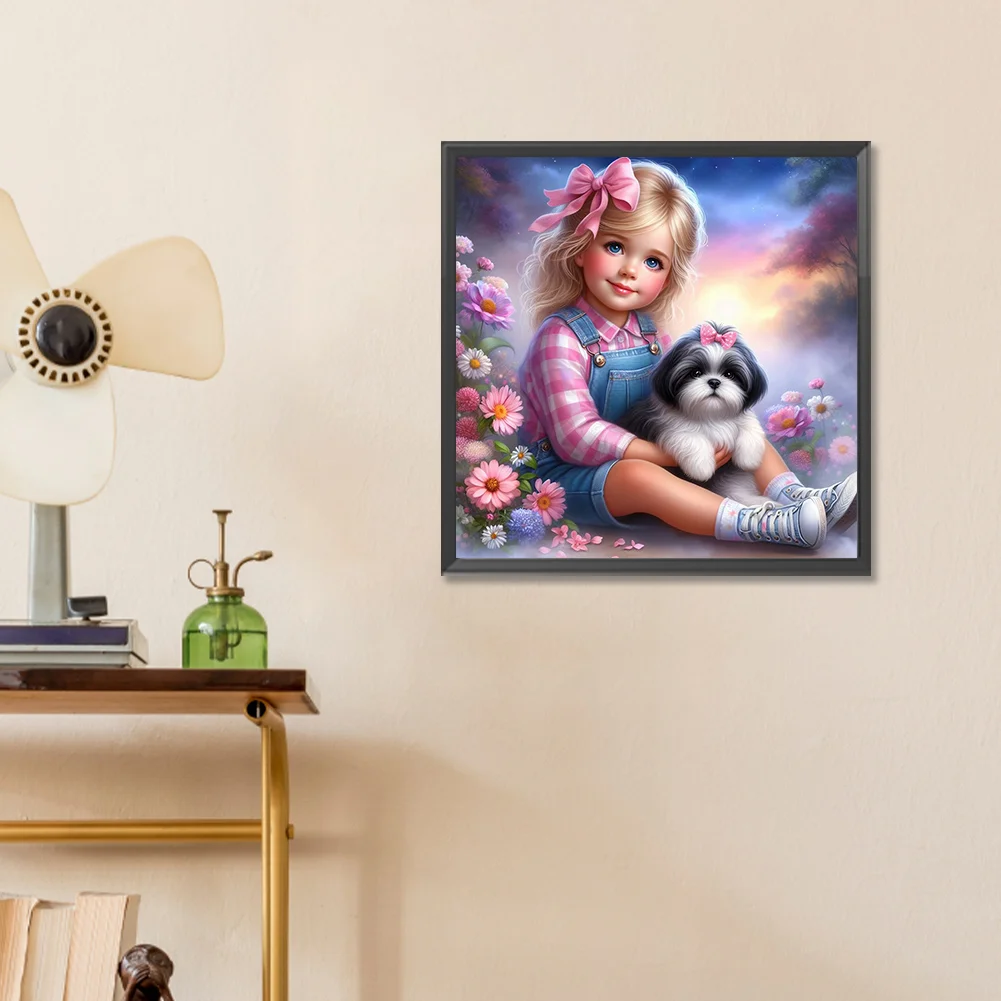 Diamond Painting - Full Round Drill - Garden Girl Dog(Canvas|30*30cm)