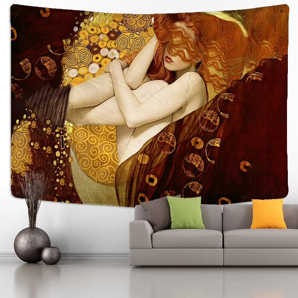 Gustav Klimt Oil Painting Tapestry Wall Hanging Kiss Of Gold Abstract Art Decoration Polyester Blanket Yoga Mat Home Bedroom Art
