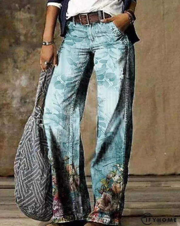 Floral Women's High Waist Straight Leg Wide Fashion Loose Jeans | IFYHOME