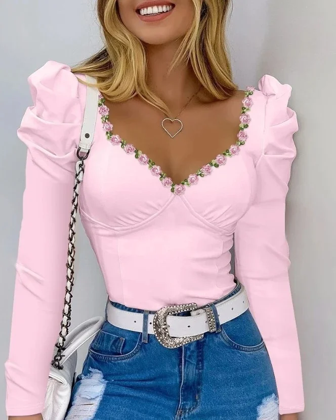 Wongn Wongn New Women's Lace Lace Decorated With Bubble Sleeves Long Sleeves V-Neck T-Shirt Slim Top