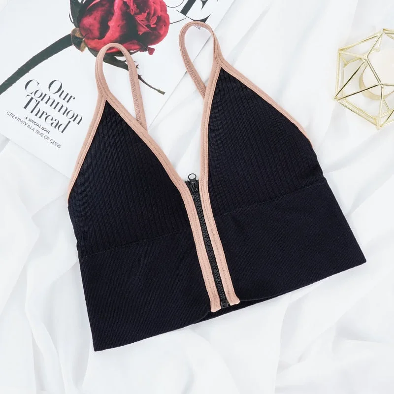 Tops Women Crop Top Zipper Fly Camisoles Knitted Sexy Camis Women Sleeveless Padded Push Up Solid Crop Top Female New