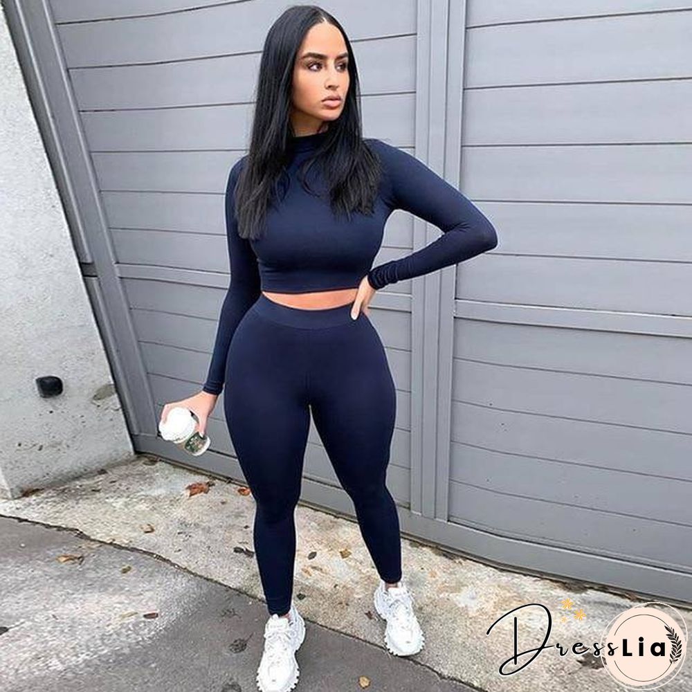 Winter Women Sport Fitness 2 Two Piece Set Outfits Long Sleeve Crop Tops Tshirt Leggings Pants Set Bodycon Tracksuit