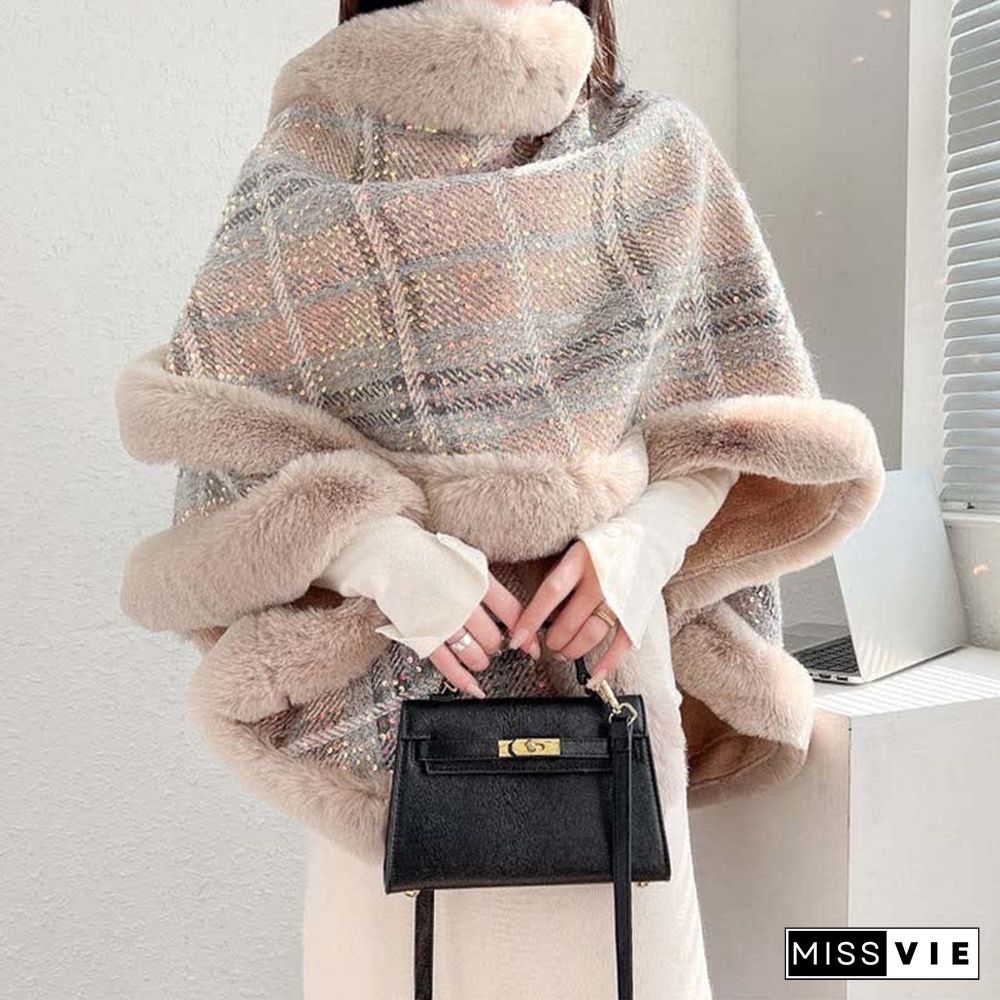 Plaid Print Furry Collar Fringed Casual Hooded Cloak Coat