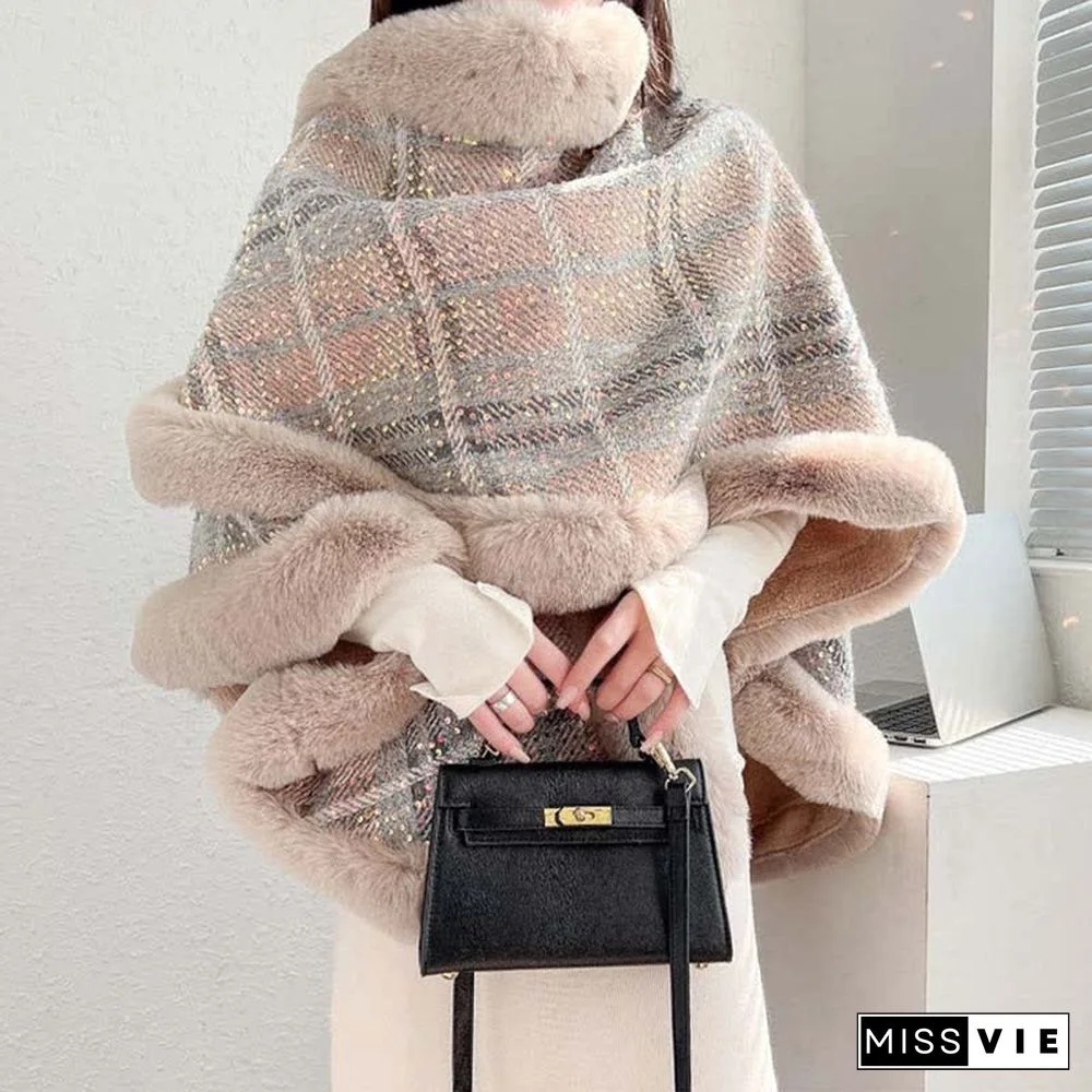 Plaid Print Furry Collar Fringed Casual Hooded Cloak Coat