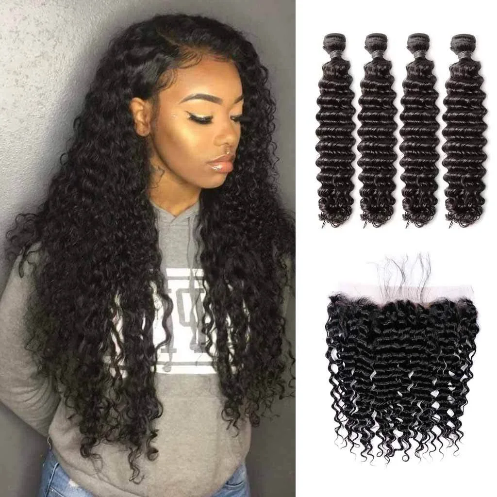 12A 3PCS + 13X4/13X6 Transparent Lace Frontal Deep Wave 3 Bundles with Lace Frontal 