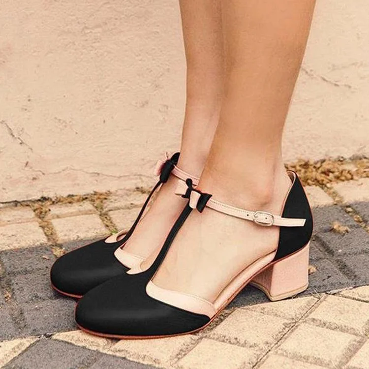 Black & Pink Block Heels Women's Round Toe Vegan Suede Bow Shoes |FSJ Shoes