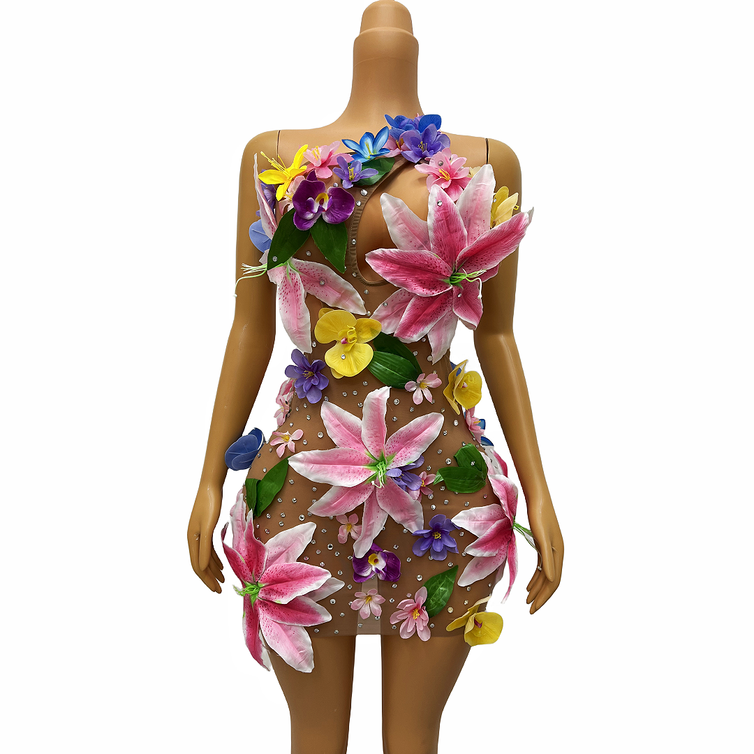 VCSHOES Big Flower Rhinestones Dress Backless Dancer Prom Performance Evening Outfit Birthday Celebrate Sleeveless Costume