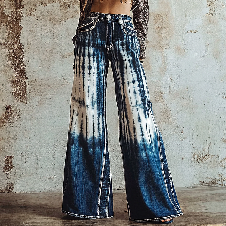 Vintage 90s Tie-dye Chain-decorated Denim Print Wide-leg Flared Trousers Casual Pants