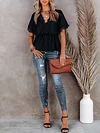 Solid Color Lace Split-Joint Short Sleeves Shirt Tops