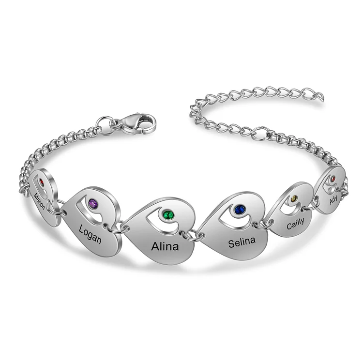 6 Names-Personalized Heart Bracelet with Birthstones Custom 6 Names Family Bracelet Gifts for Her