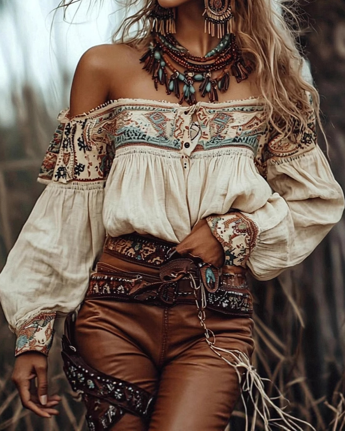 Printed Off The Shoulder Long Sleeve Bohemian Style Top