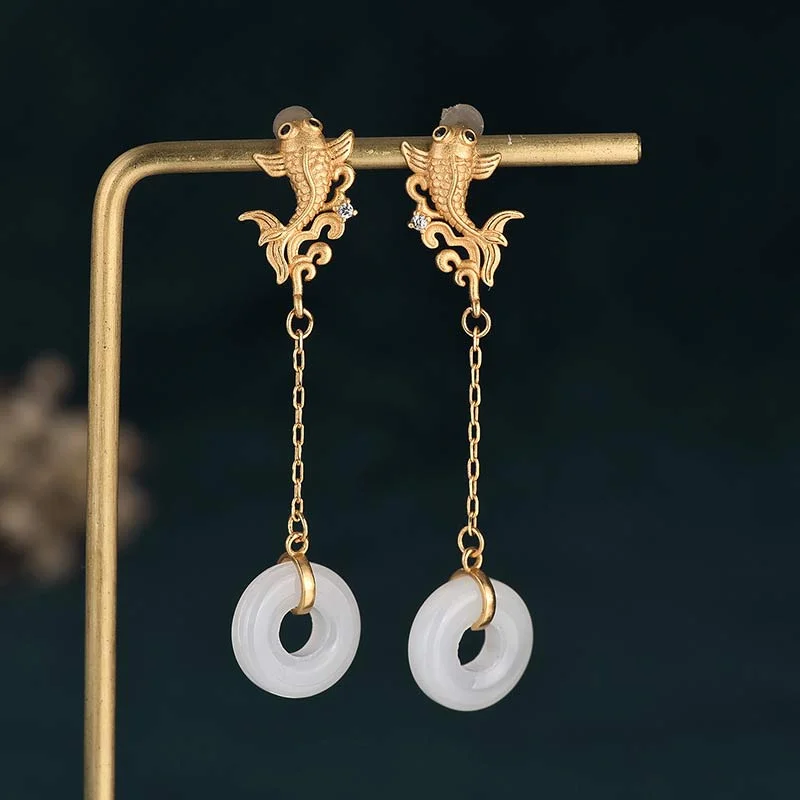 FengShui Koi White Jade Fortune Earrings