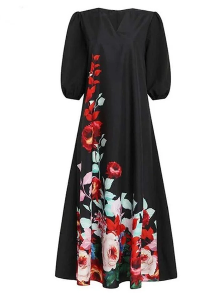 Long skirt V-neck positioning flower puff sleeve dress