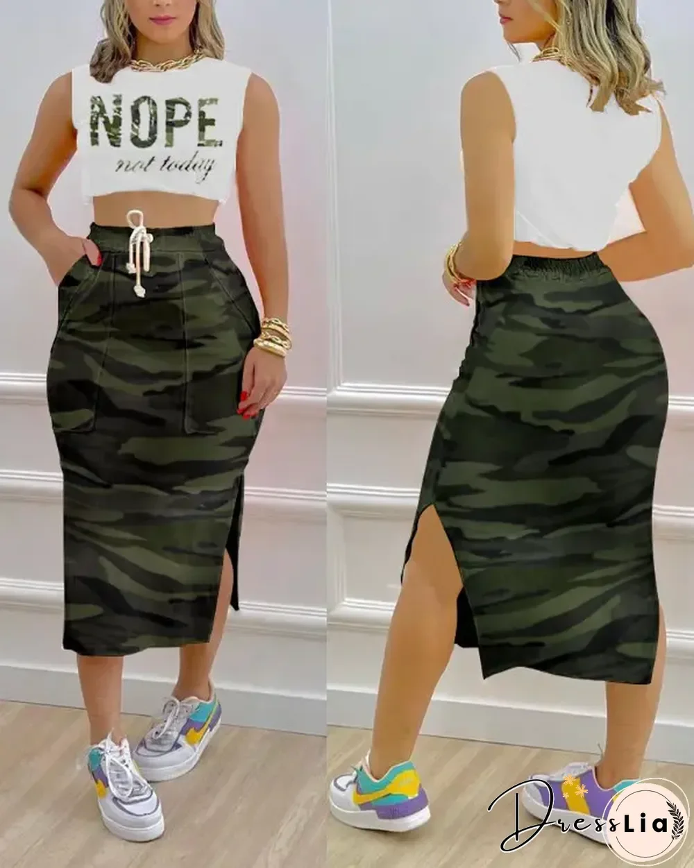 Letter Camouflage Print Tank Top & Drawstring Slit Skirt Set