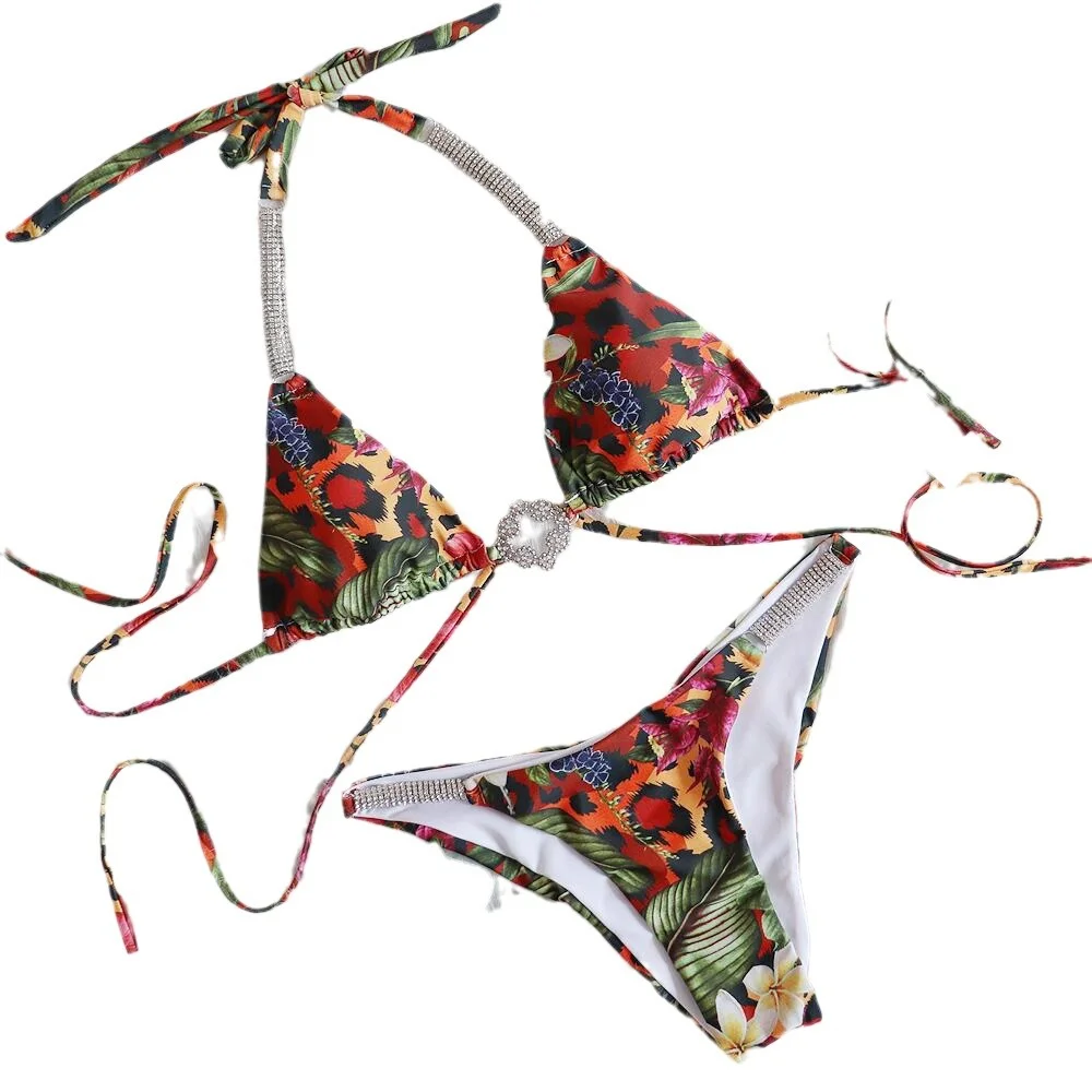 Uveng Uveng New Sexy Strap Swimsuit Luxury Rhinestone Bikini Tropical Flower Bathing Suit