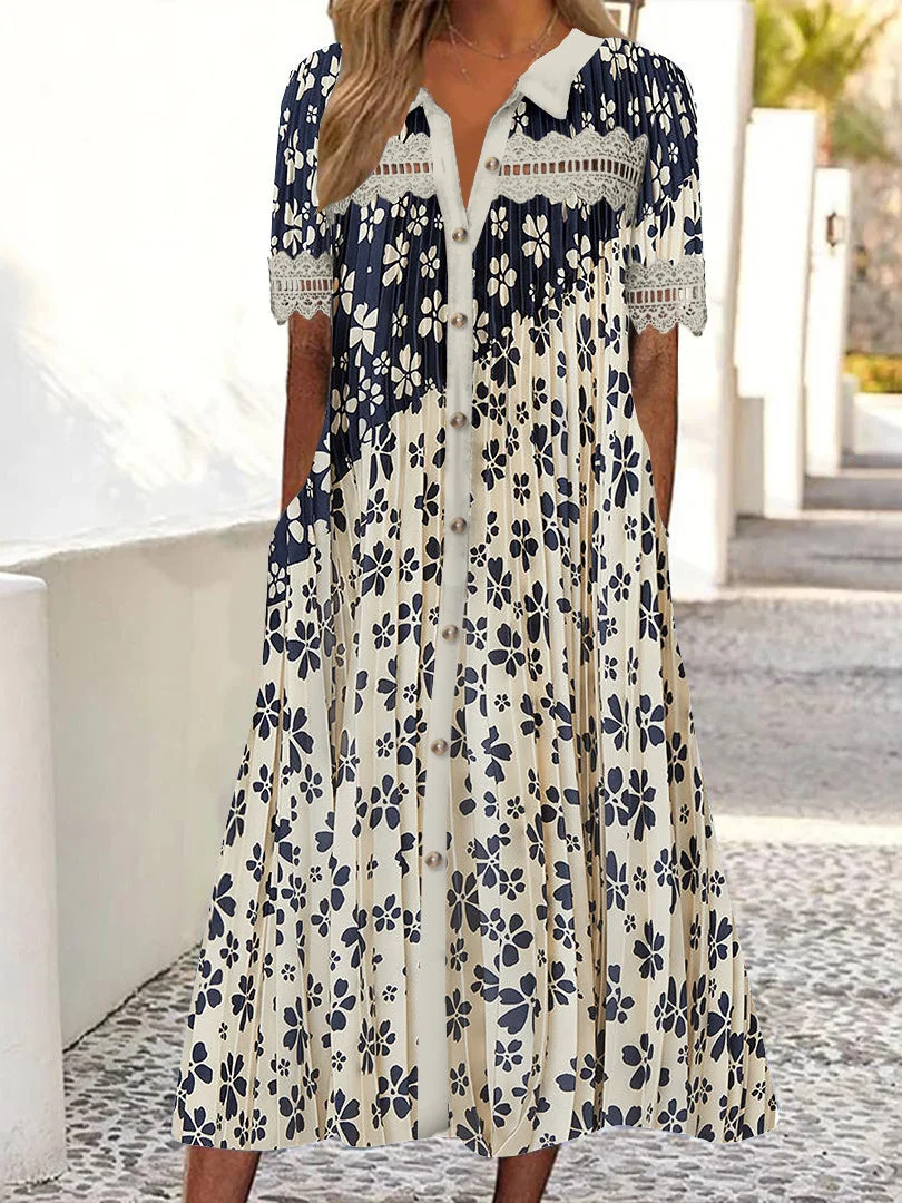 Women's Short Sleeve V-neck Stitching Lace Graphic Hollow Midi Dress