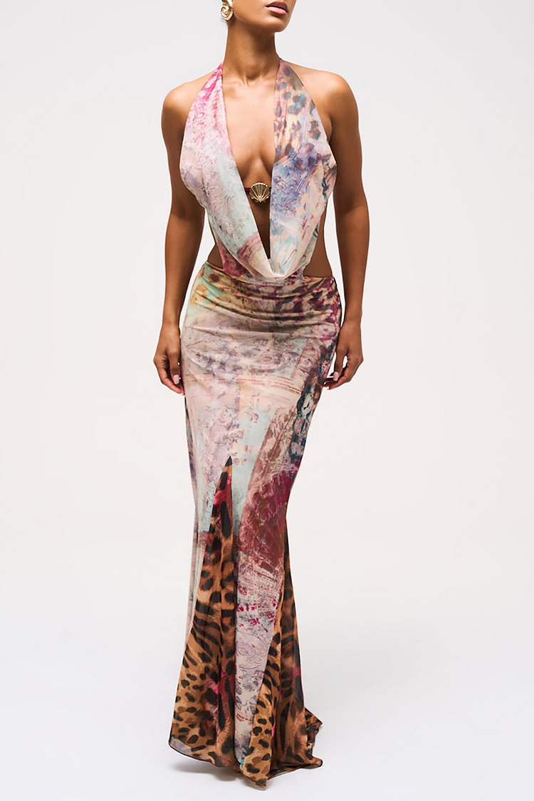 Leopard Mixed Print Fishtail Hem Halter Maxi Dresses-Brown [Pre Order]