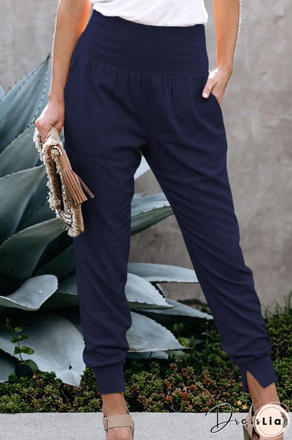 Casual Solid Color Slit Pants