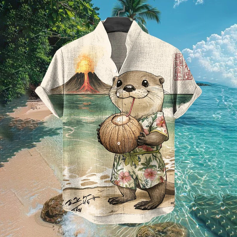 Men's Cute Otter Drinking Coconut Juice Print Short Sleeve Shirt
