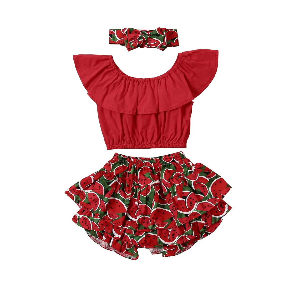 2020 Baby Summer Clothing Infant Newborn Baby Girl Off Shoulder Crop Tops Ruffled Watermelon Pineapple Shorts Headband 3Pcs Sets