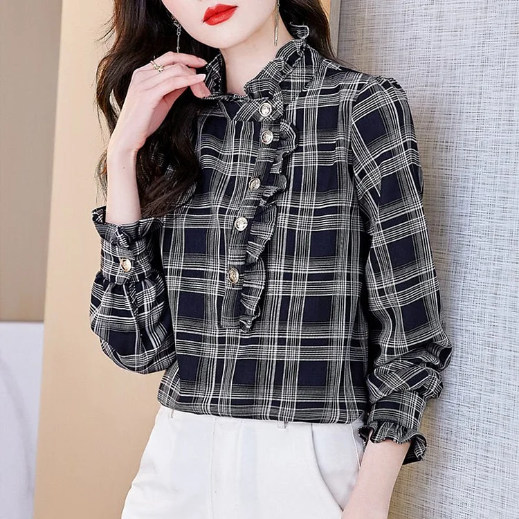 Long Sleeve Casual Checkered/plaid Shirts & Tops QueenFunky