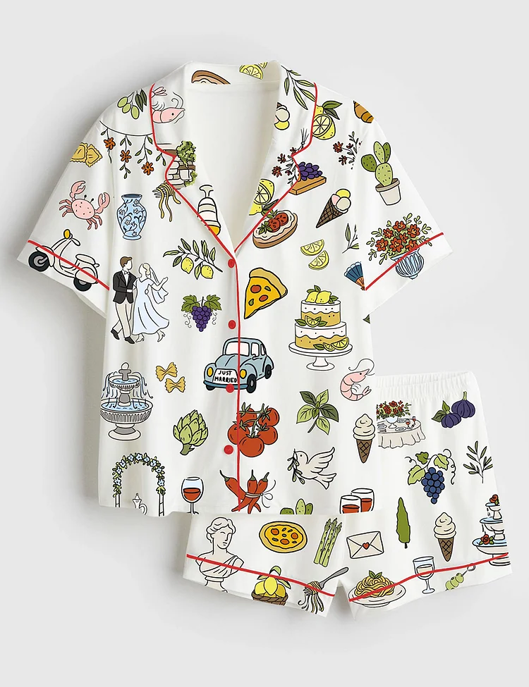 Women&rsquo;s Italian Wedding Whimsical Tuscany La Dolce Vita Wedding Colorful Italy Wedding Short Sleeve Satin Pajama Set