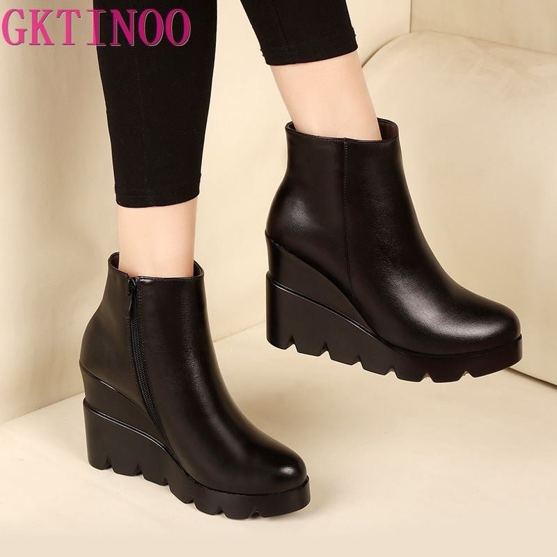 2021 autumn winter soft leather platform high heels girl wedges ankle boots shoes for woman fashion boots women Size 34-40 102