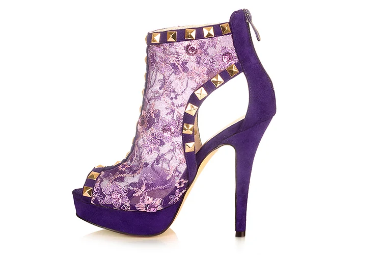Purple Peep Toe Lace Heels Platform Ankle Boots with Rock Studs |FSJ Shoes