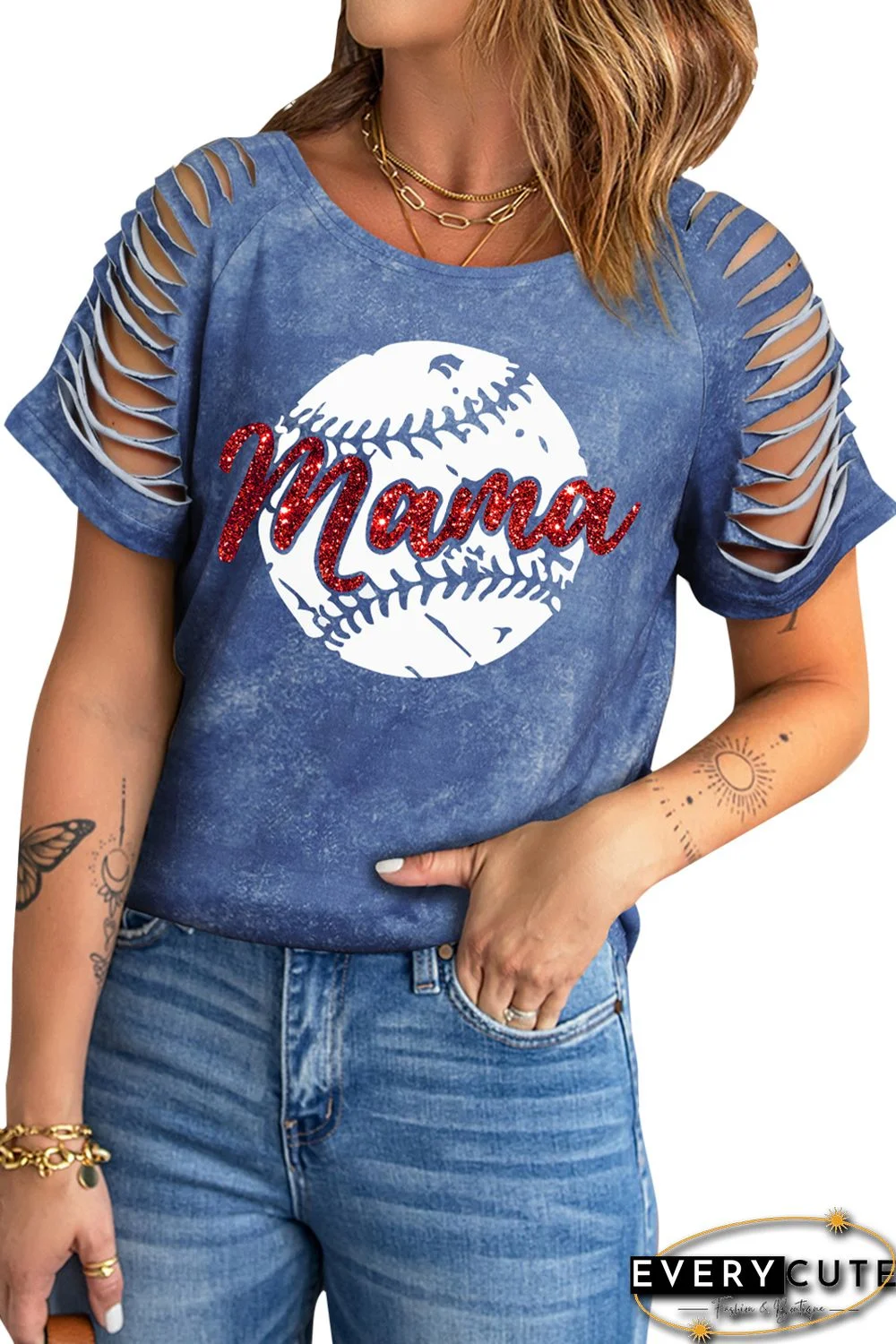 Sky Blue Mama Baseball Graphic Distressed T Shirt