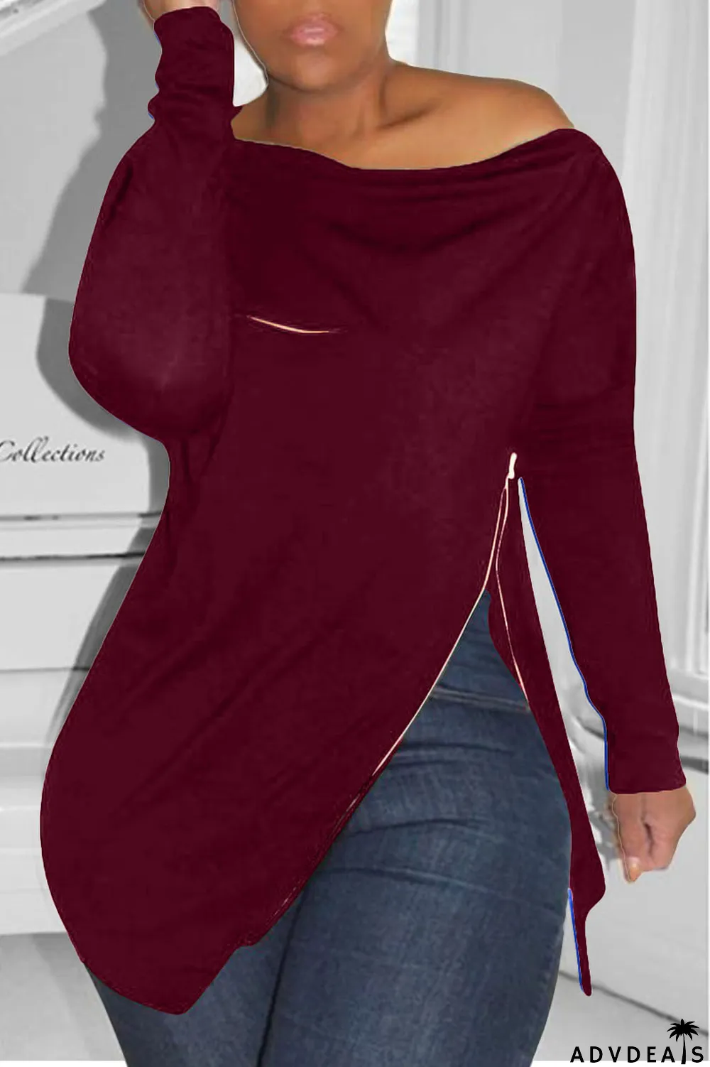 Burgundy Casual Solid Split Joint Asymmetrical Zipper Zipper Collar Tops