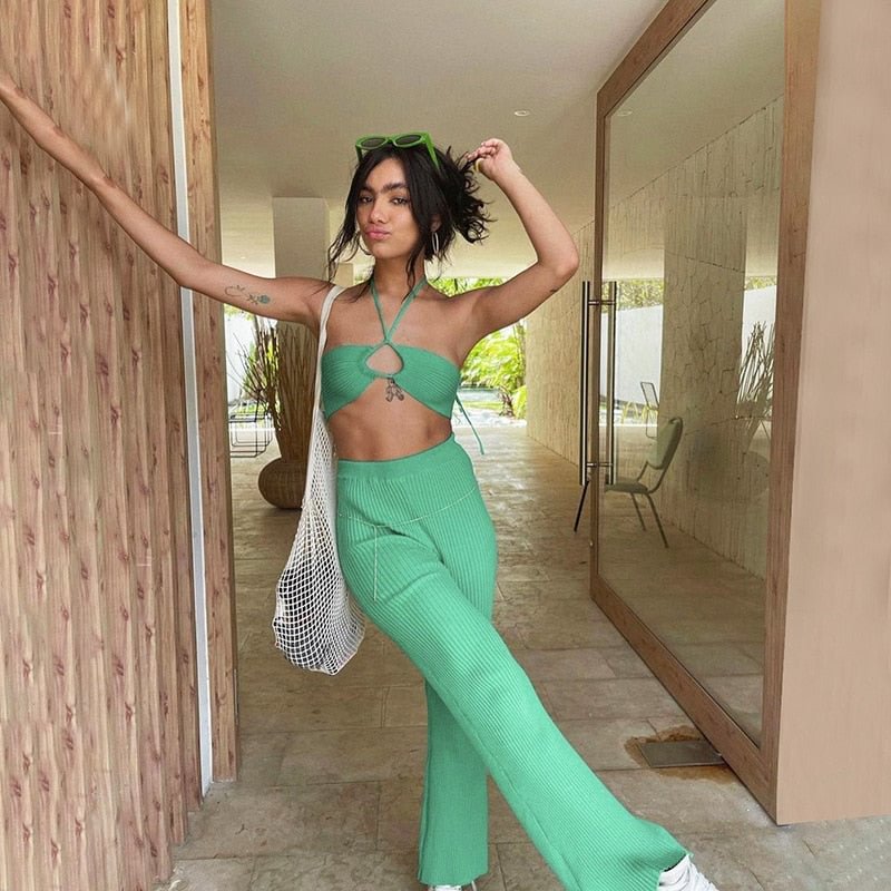 Cryptographic Halter Cut Out Sexy Knit Top and Flare Pant Set Elegant Club 2021 Summer Fashion Outfits Two Piece Matching Sets